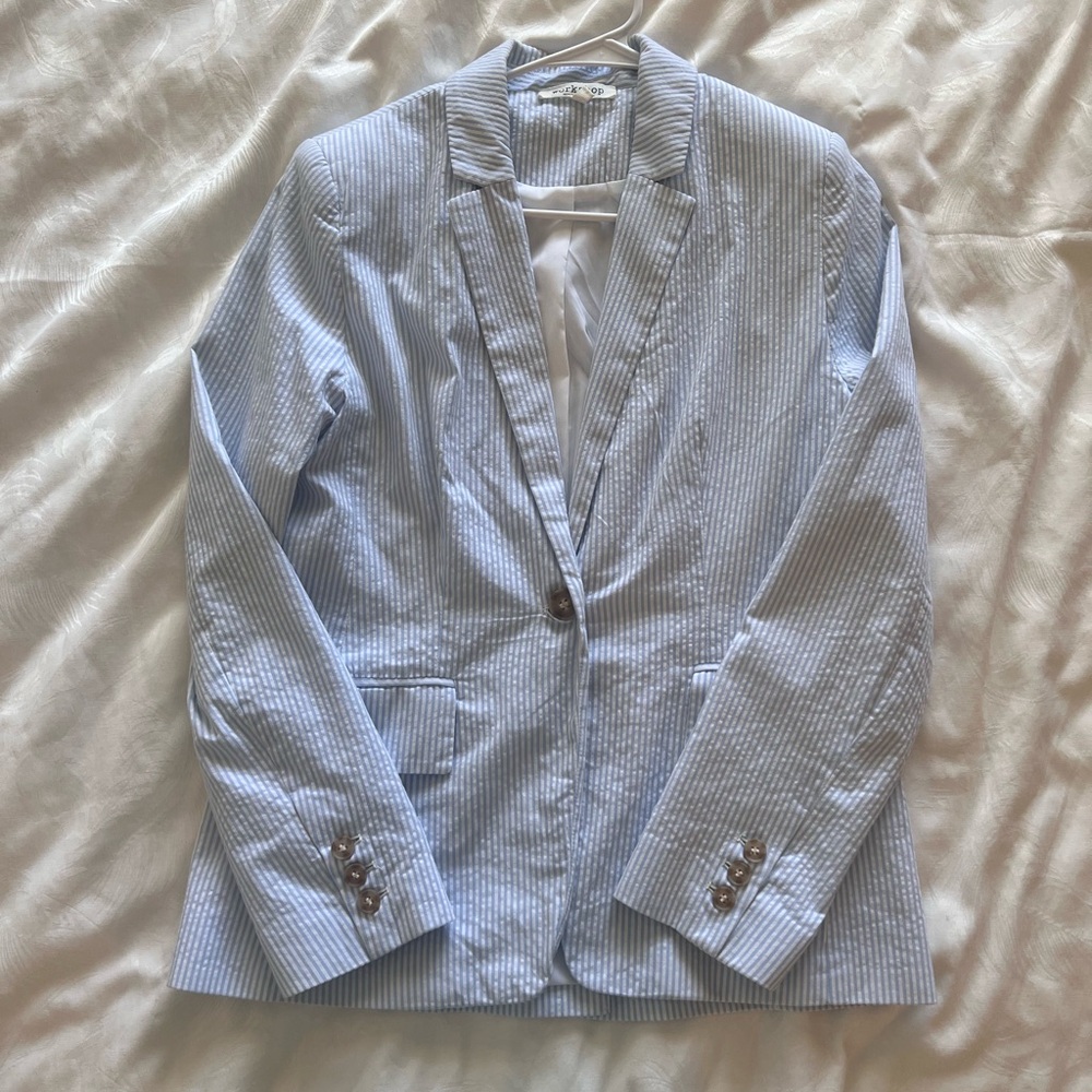 Workshop Republic Clothing Light Blue Pinstripe Seersucker Blazer